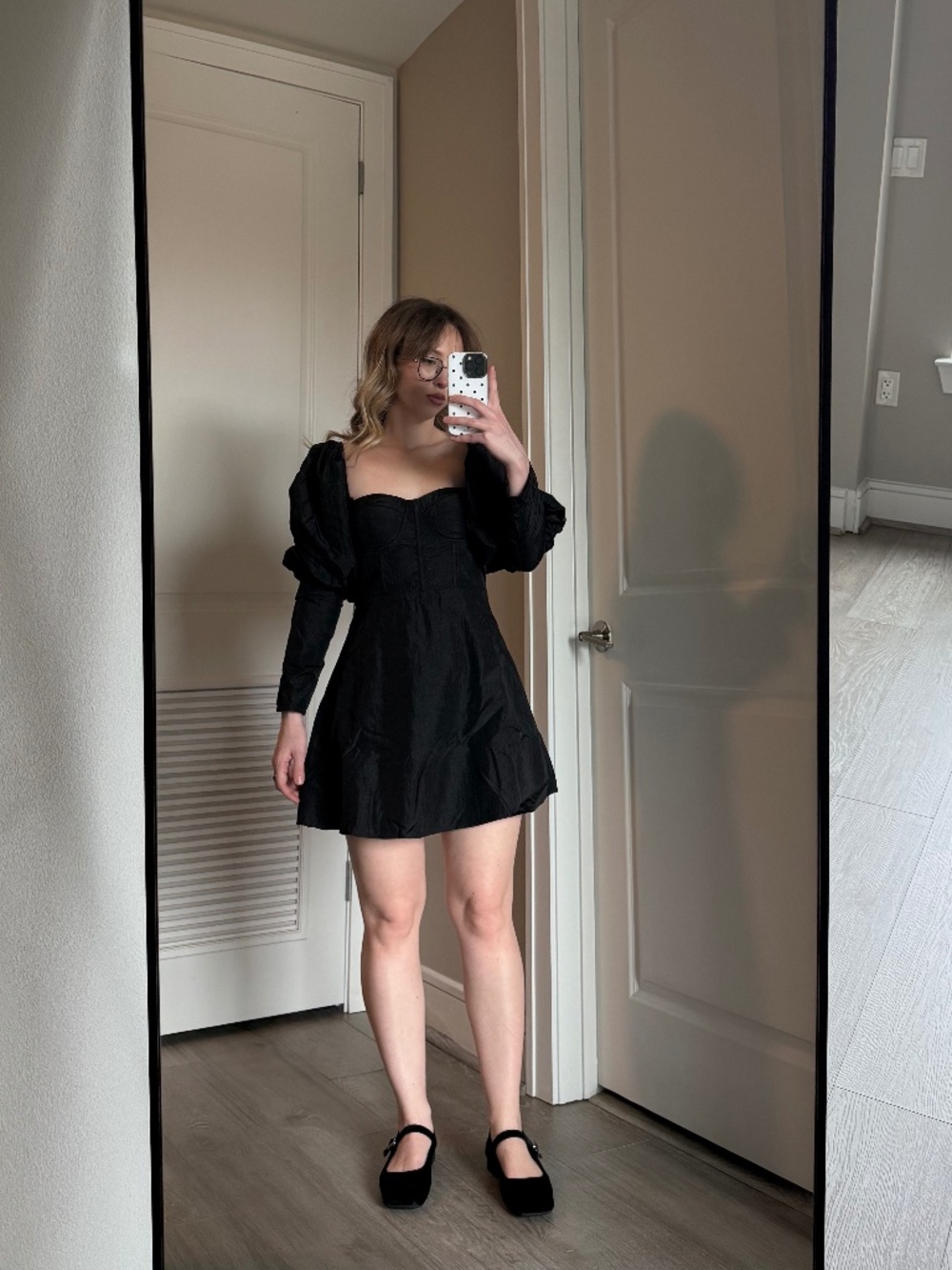 Black Mini Dress Puff Sleeve Lace-Up Back